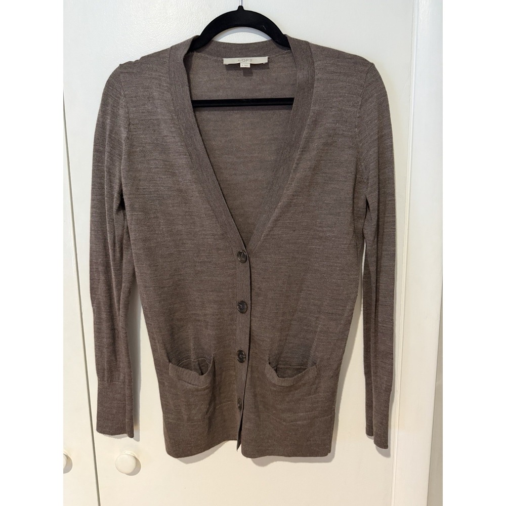 LOFT Women Brown V-Neck Long Sleeve Button Down Cardigan‎ Knit Sweater Sz Small